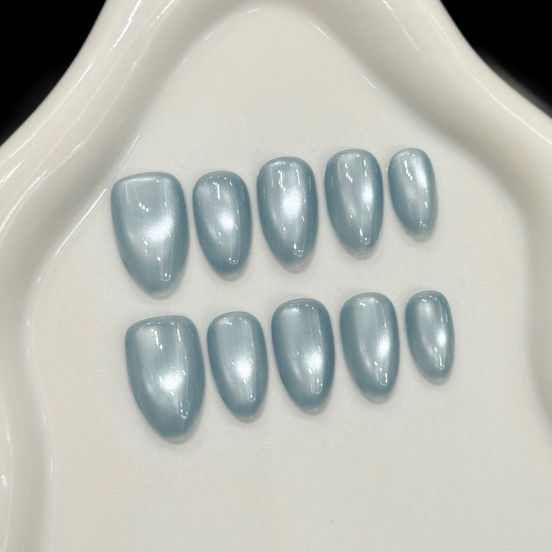 Nail Art Emerald - 10개 블루 캣아이 프렌치 숏 아몬드