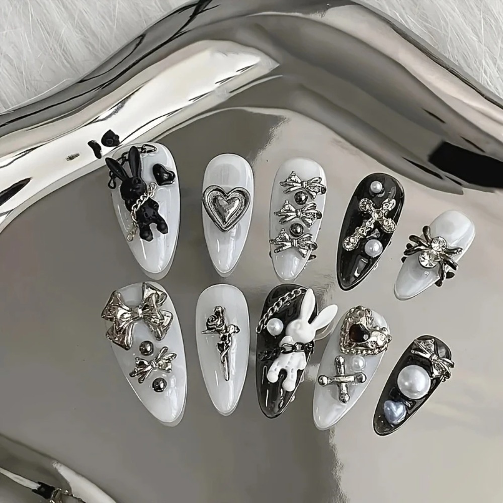 Nail Art Gothic - 새로운 10개입 맞춤형 흑백 네일 아트,
