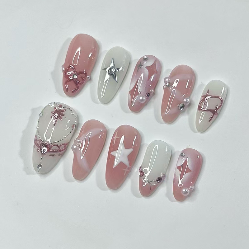24개 짧은 아몬드 네일 세트 풀커버 별 달 웨이브 프 - Nail Art Glitter 리뷰 및 가격