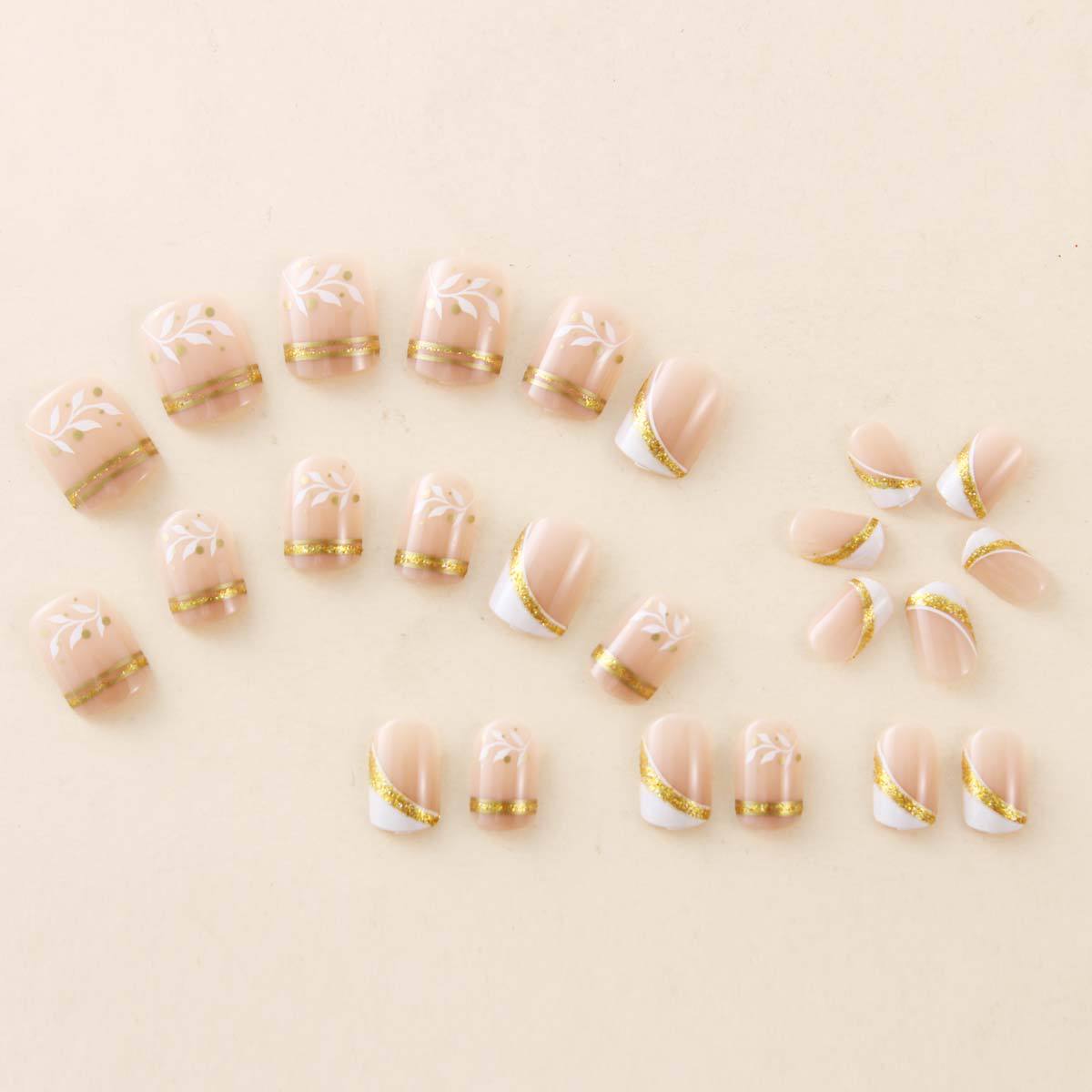 누드 숏 스퀘어 프레스온 네일 화이트 리프 프린트 골드 - Nail Art Glitter 리뷰 및 가격
