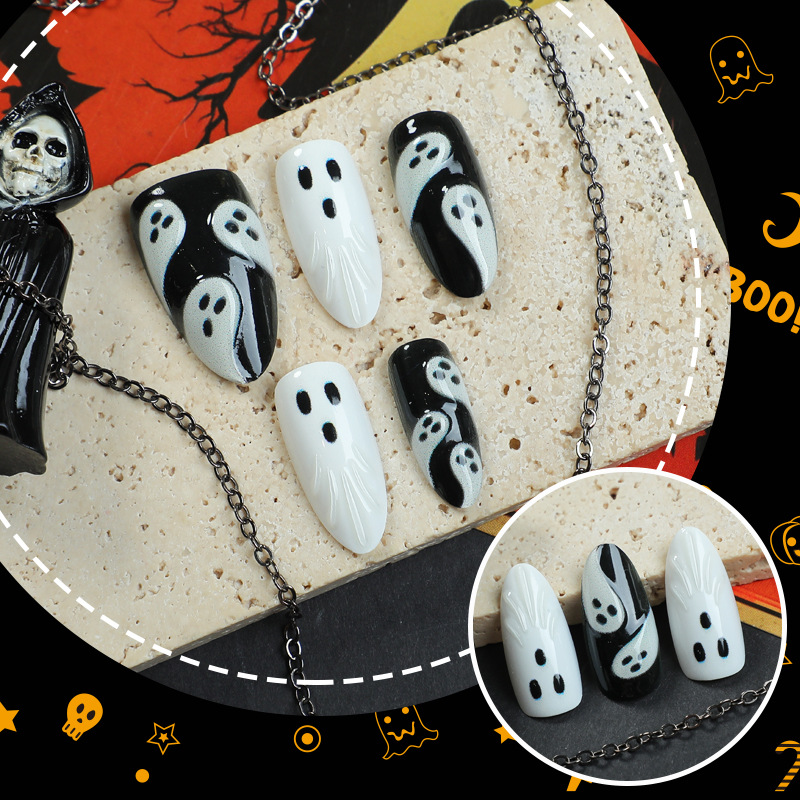 30개 2025 할로윈 아몬드 모양 무서운 흑백 유령  - Nail Art Emerald 리뷰 및 가격