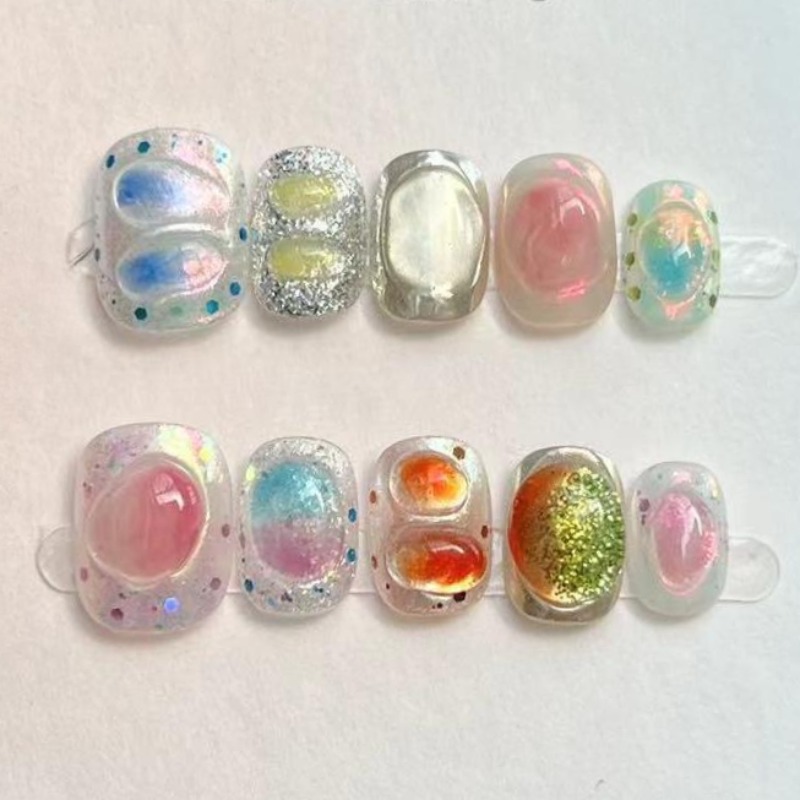 10Pcs 귀여운 짧은 라운드 수제 가짜 네일 반짝이  - Nail Art Glitter 리뷰 및 가격
