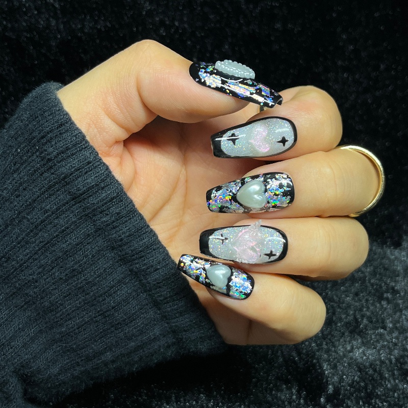 10개입 고딕 블랙 프레스온 네일 3D 하트 진주 핸드 - Nail Art Gothic 리뷰 및 가격