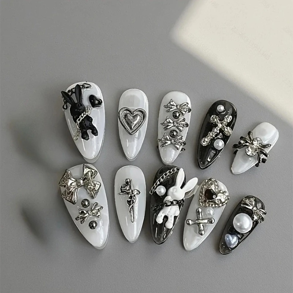 새로운 10개입 맞춤형 흑백 네일 아트, 토끼와 리본  - Nail Art Gothic 리뷰 및 가격