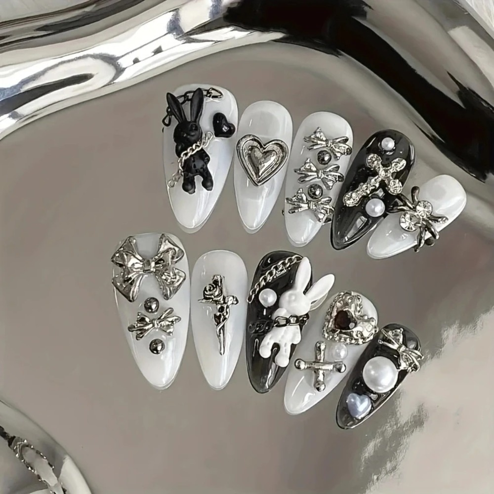 새로운 10개입 맞춤형 흑백 네일 아트, 토끼와 리본  - Nail Art Gothic 리뷰 및 가격