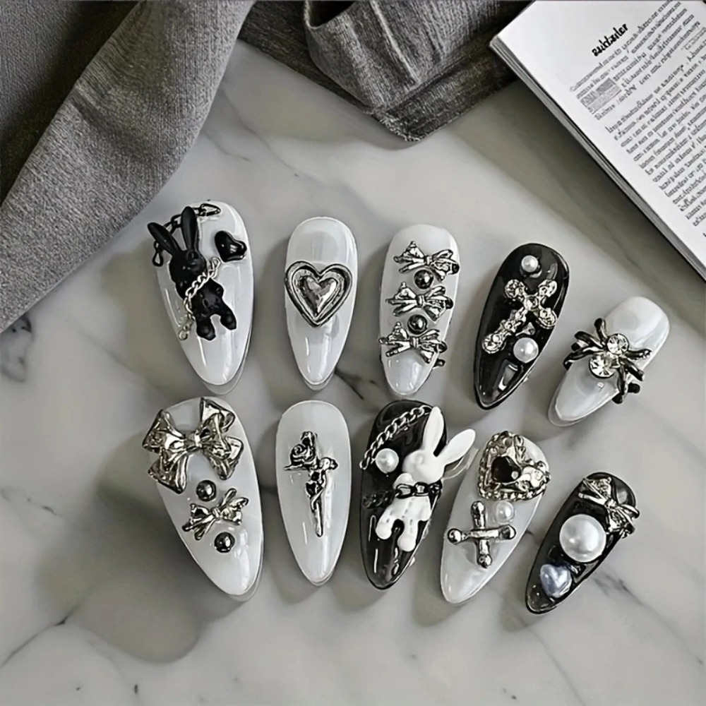 새로운 10개입 맞춤형 흑백 네일 아트, 토끼와 리본  - Nail Art Gothic 리뷰 및 가격
